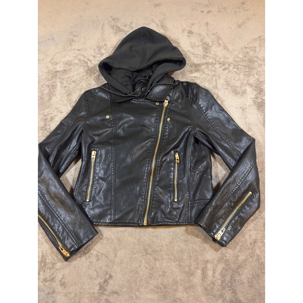 BlankNYC Black Faux Leather Moto Jacket with Detachable Hood Gold Hardware Small